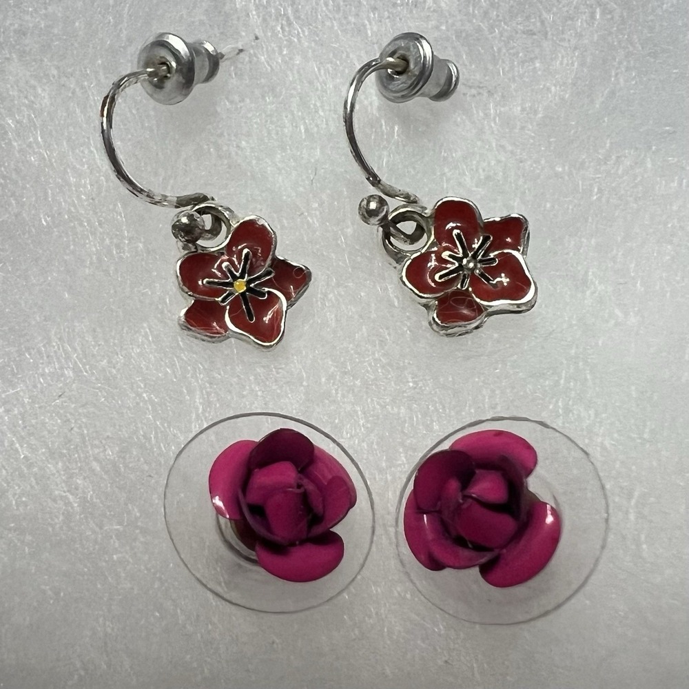 Two sets‎ silver Tone And Pink Flower  Earrings